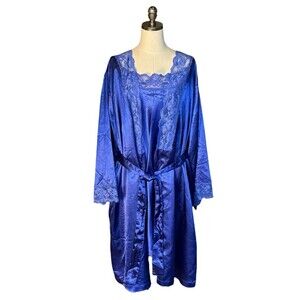 Amoureuse Plus Size Satin Long Peignoir Set Nightgown Robe Royal Blue 26/28 2X